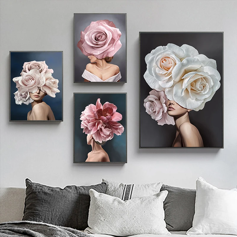 Rózsaszín Fehér Virág Hölgy, Poszter Absztrakt Nő Nyomtatás, Vászon Modern Wall Art Képek Haza Nappali Dekoráció